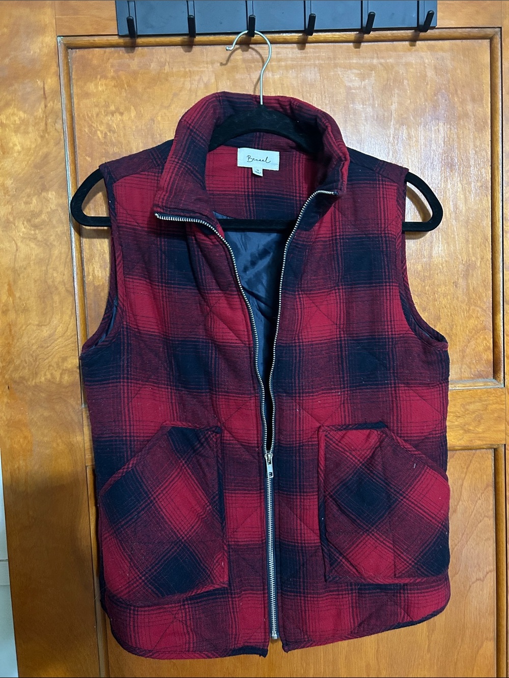 BE COOL Red and Black Plaid Quilted Vest